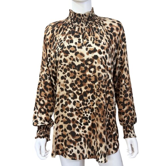 Chicos Womens Animal Print Smocked Neck Long Sleeve Top Size 1 Polyester Brown - Picture 1 of 10